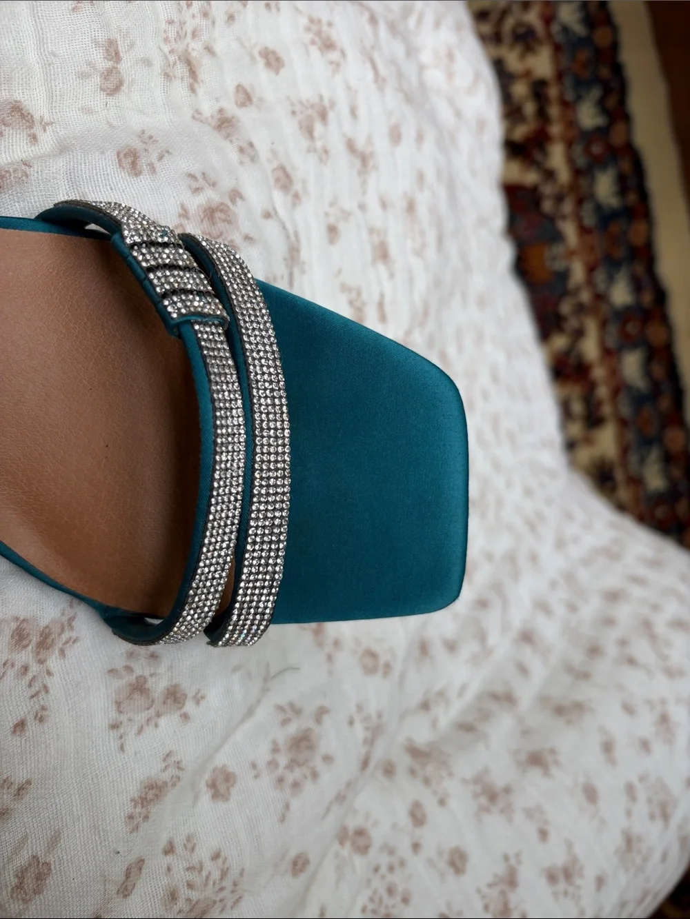 Teal Satin Ankle-Strap Evening Heels with Crystal Accent